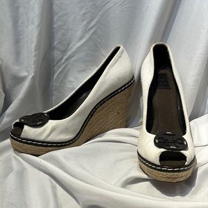 Tory Burch Cream Canvas Peep Toe Espadrilles - Size 10